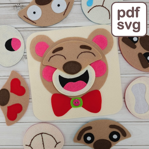 Emotions Activity Quiet Book Pattern, Montessori Busy Book Felt Sewing PDF & SVG Template with Teddy Bear for Toddler.