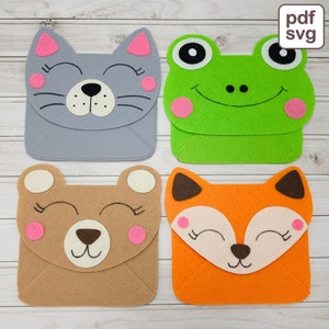 Umschläge Muster PDF & SVG, DIY Nicht Nähen Filz Tier Umschläge Muster mit einem Bären, Fuchs, Frosch und Katze.