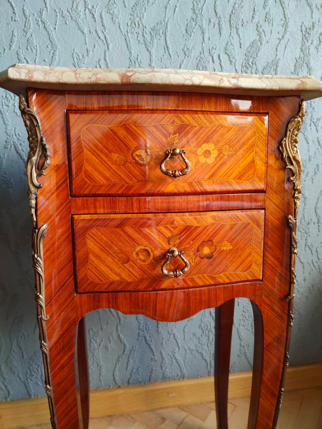 Two French Vintage Bedside Tables Inlaid Marble Louis XV Style Etsy
