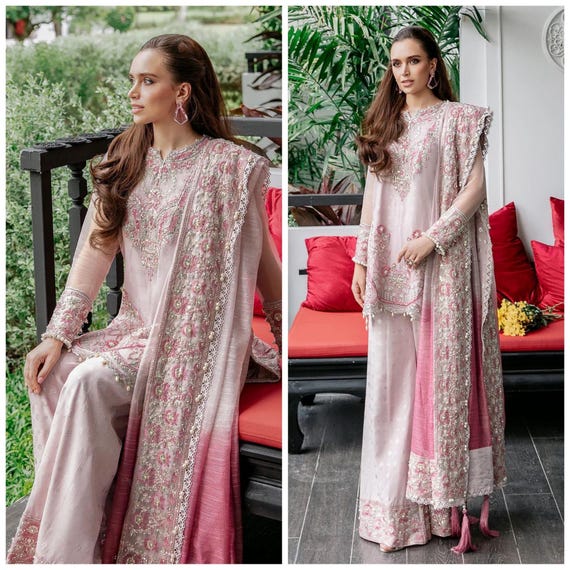 Embroidered Pakistani Shalwar Kameez: Organza, Raw Silk, Khaddi Net