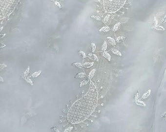 White paisley embroidered pure chiffon dyeable sequins dupatta