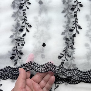 White and black fully embroidered pure Chiffon dupatta