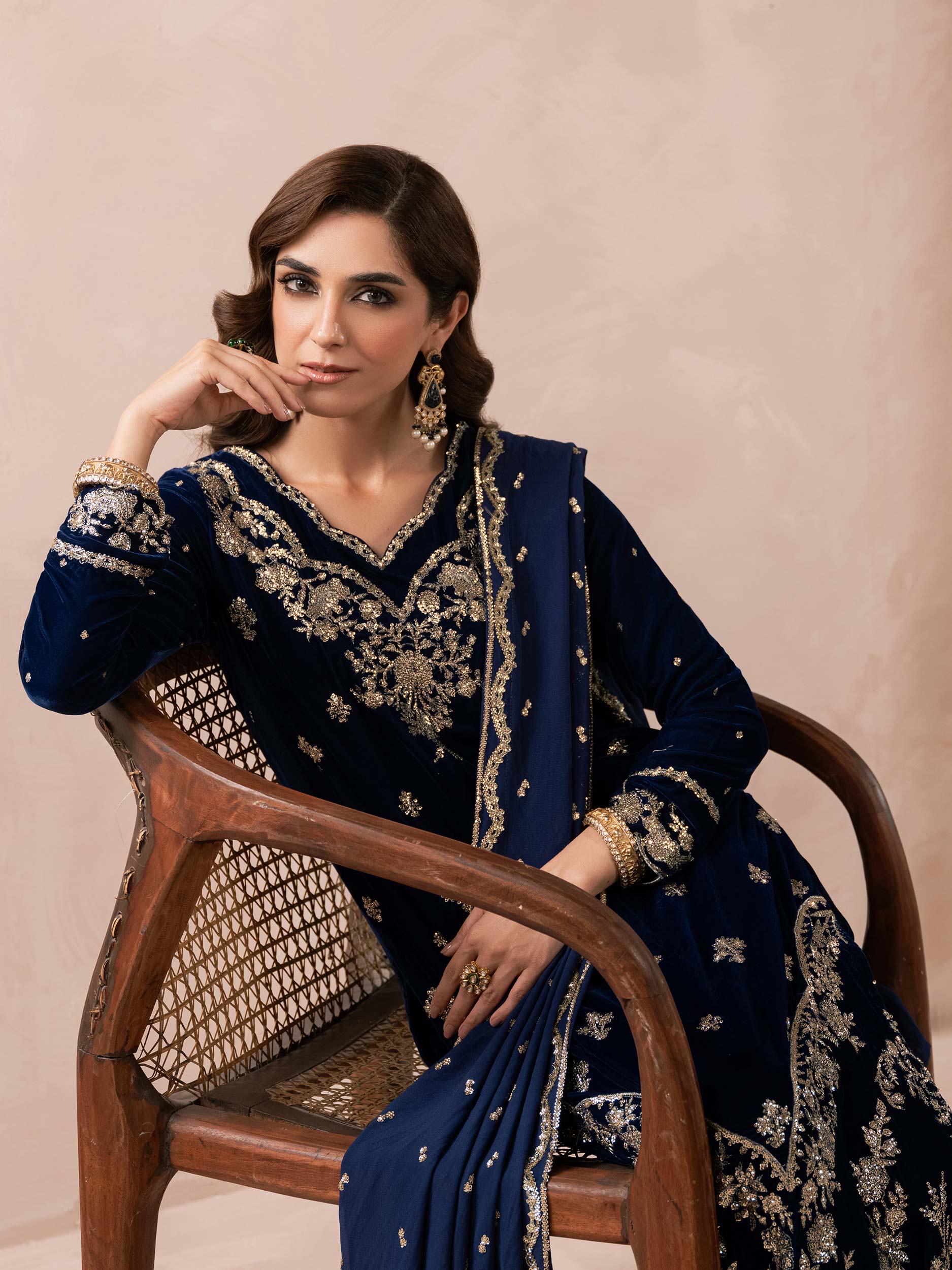 navy blue velvet dress pakistani Navy Blue Velvet Embroidered Pakistani Dress: 3pc Sequin Designer Wear