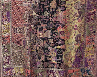 May include: An ornate textile with a detailed pattern of elephants, figures, and buildings in purple, pink, and gold against a black and olive backdrop. The border has an intricate design.