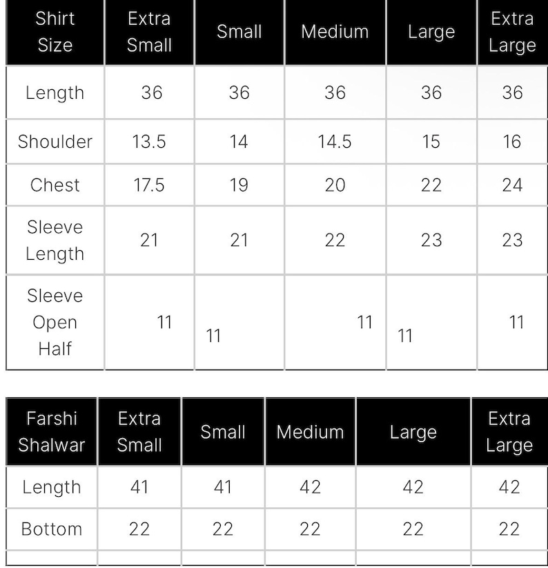 May include: A black and white chart detailing shirt and Farshi Shalwar measurements. Shirt sizes include Extra Small to Extra Large, with measurements for length, shoulder, chest, sleeve length, and sleeve open half. Farshi Shalwar measurements are also provided.