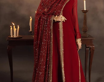 3pc *Restocked* Red raw silk sharara suit Pakistani Indian Punjabi Bangladeshi desi designer shalwar kameez dress