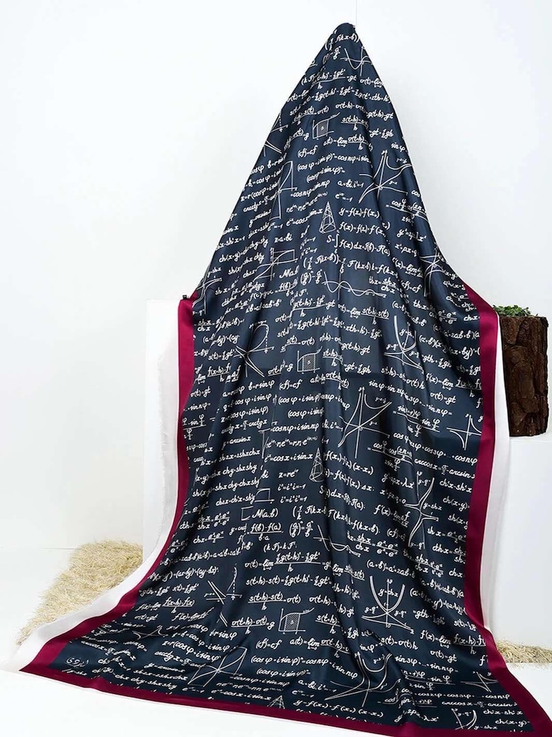 May include: A dark blue scarf with a white mathematical formula print and a burgundy border.