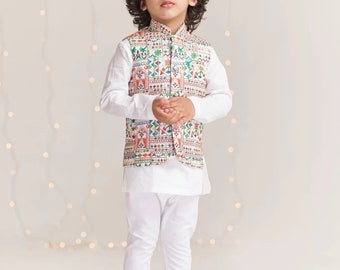 Boys  *RESTOCKED*  Cream Kurta Trouser Set: Embroidered Waistcoat, Indian Outfit