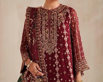 Baroque 3pc formal wedding dress Pakistani Indian Punjabi Bangladeshi designer wear suit shalwar kameez sharar set