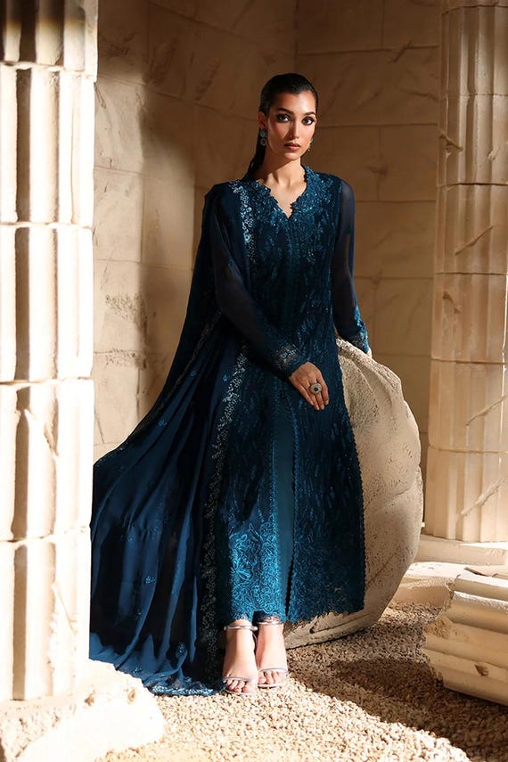 pakistani embroidered chiffon dresses Heavy Embroidered with Adda-Work Bottle Green Chiffon Dress (DZ18718) –  DressyZone.com main image 1