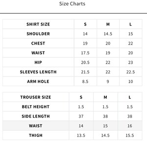 May include: Size chart for shirts and trousers. The chart shows measurements in inches for shoulder, chest, waist, hip, sleeves length, arm hole, belt height, side length, waist, and thigh. Sizes include small, medium, and large.