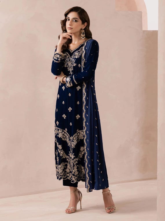 navy blue velvet embroidered dress Hand-Embroidered Midnight Navy Silk Velvet Evening Dress SilkandBears