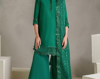 3pc Raw silk sharara suit Pakistani Indian Punjabi Bangladeshi desi designer shalwar kameez dress