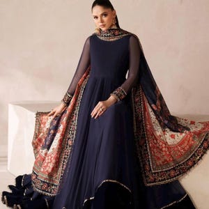 round dress design in bangladesh Indian Designer Embroidered Readymade Semi-Long Round Frock Three Pieces  Set For Women