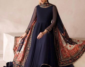 3pc Baroque Embroidered Chiffon velvet border Pakistani Indian Bangladeshi desi Punjabi designer frock shalwar kameez dress