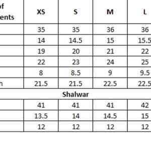 May include: Size chart for a garment with measurements in inches for length, shoulder, chest, hip, armhole, and sleeve length. The chart also includes measurements for a shalwar in inches for length, waist, and leg opening.