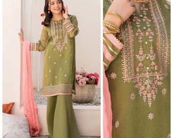 3pc Young girl teenage girl kid Olive Green Zari Net Sharara: Embroidered Pakistani Kids Outfit