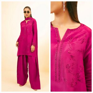 Embroidered Tassel Silk Farshi Shalwar Suit: Pakistani Designer Wear