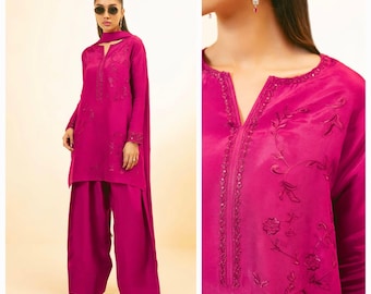 Embroidered Tassel Silk Farshi Shalwar Suit: Pakistani Designer Wear