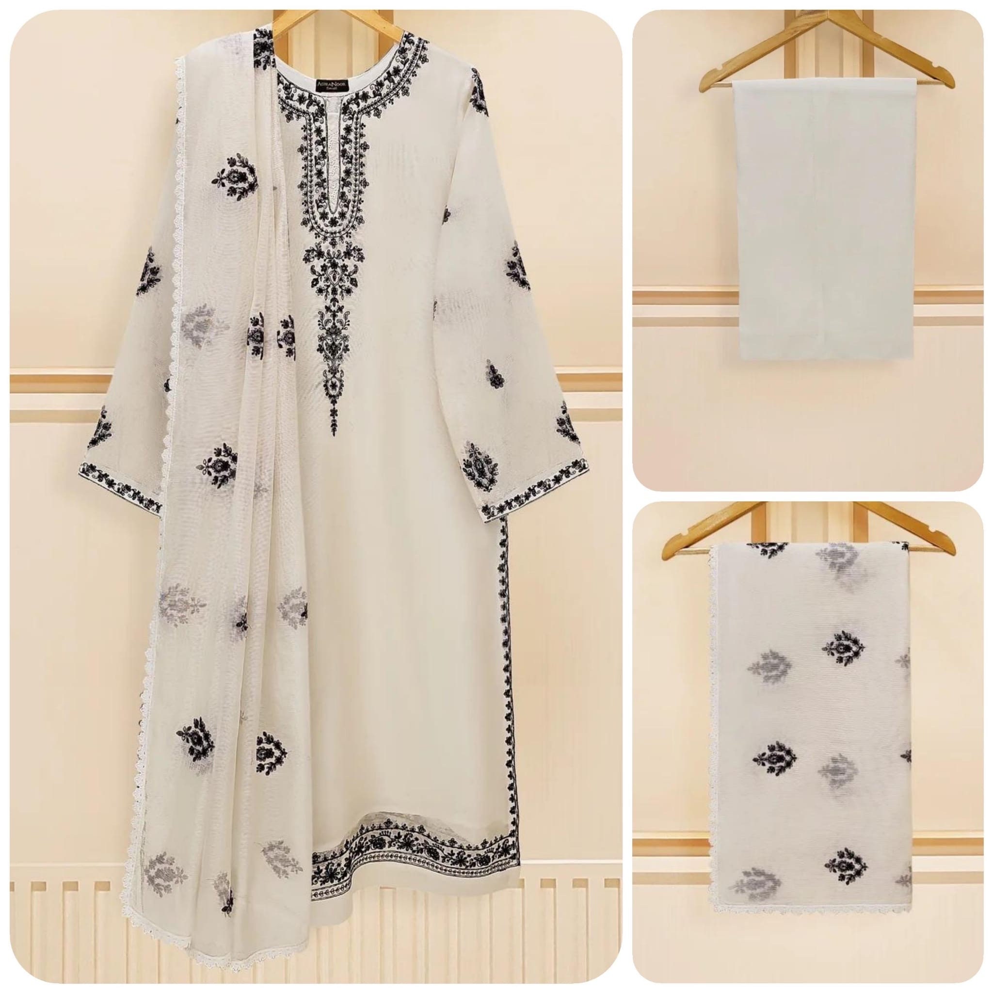 Embroidered Cotton Net Pakistani Suit: Agha Noor Designer Set