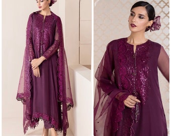 Embroidered Chiffon Shalwar Kameez: 3pc Pakistani Designer Dress