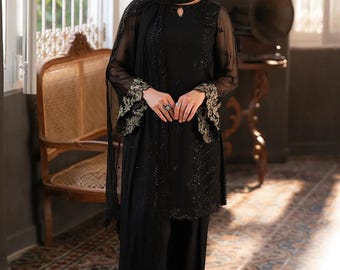 Azure black Embroidered Chiffon Farshi Shalwar Kameez: Pakistani/Indian Punjabi Bangladeshi desi Designer Suit