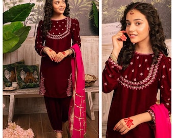 Maroon Velvet Embroidered Shalwar Kameez - Pakistani/Indian Formal Wear