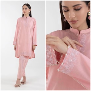 Pink Slub Lawn Shalwar Kameez: Pakistani Designer Dress