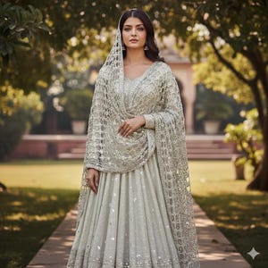 May include: A light green, embellished gown with a matching head covering. The gown features long sleeves and a flowing skirt, adorned with intricate detailing and shimmering accents. The ensemble is worn outdoors, with a blurred background of trees and a pathway.