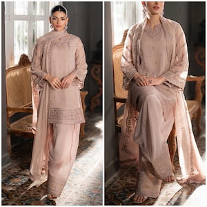 Azure Embroidered Chiffon Farshi Shalwar: 3pc Desi Designer Suit Pakistani Indian Bangladeshi Punjabi women eastern dress