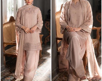 Azure Embroidered Chiffon Farshi Shalwar: 3pc Desi Designer Suit Pakistani Indian Bangladeshi Punjabi women eastern dress