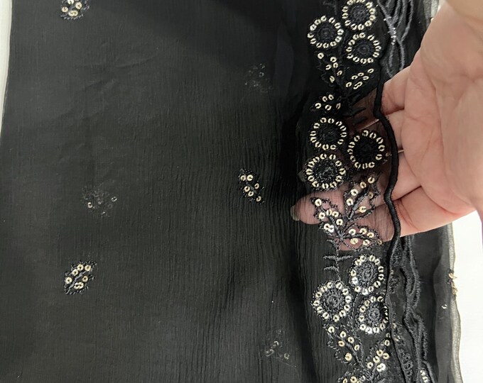 Pink and aqua Chiffon Dupatta with black printed and golden border