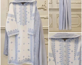 Embroidered Lawn Pakistani Dress with Dupatta: Chikan Kari Detail