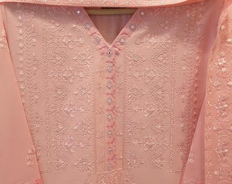 Embroidered X-Large Lawn Pakistani Dress with Dupatta: Chikan Kari Detail