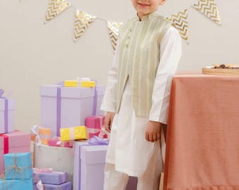 3pc boy gold jacquard waistcoat with shalwar suit Pakistani Indian Bangladeshi shalwar kameez