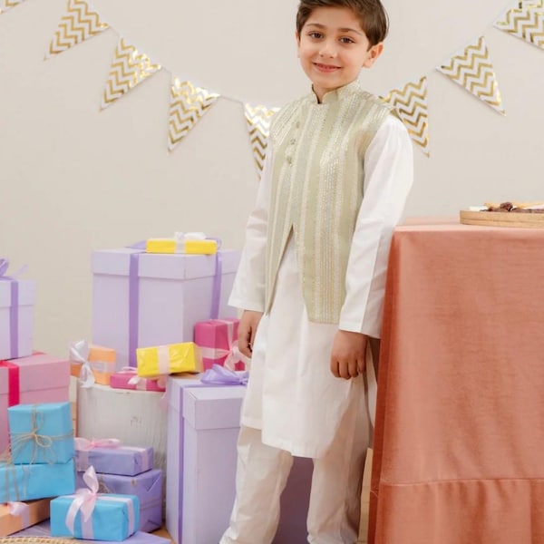 Stylish Garments Kids 3 Piece Shalwar Kameez WaistCoat Suit K-3236