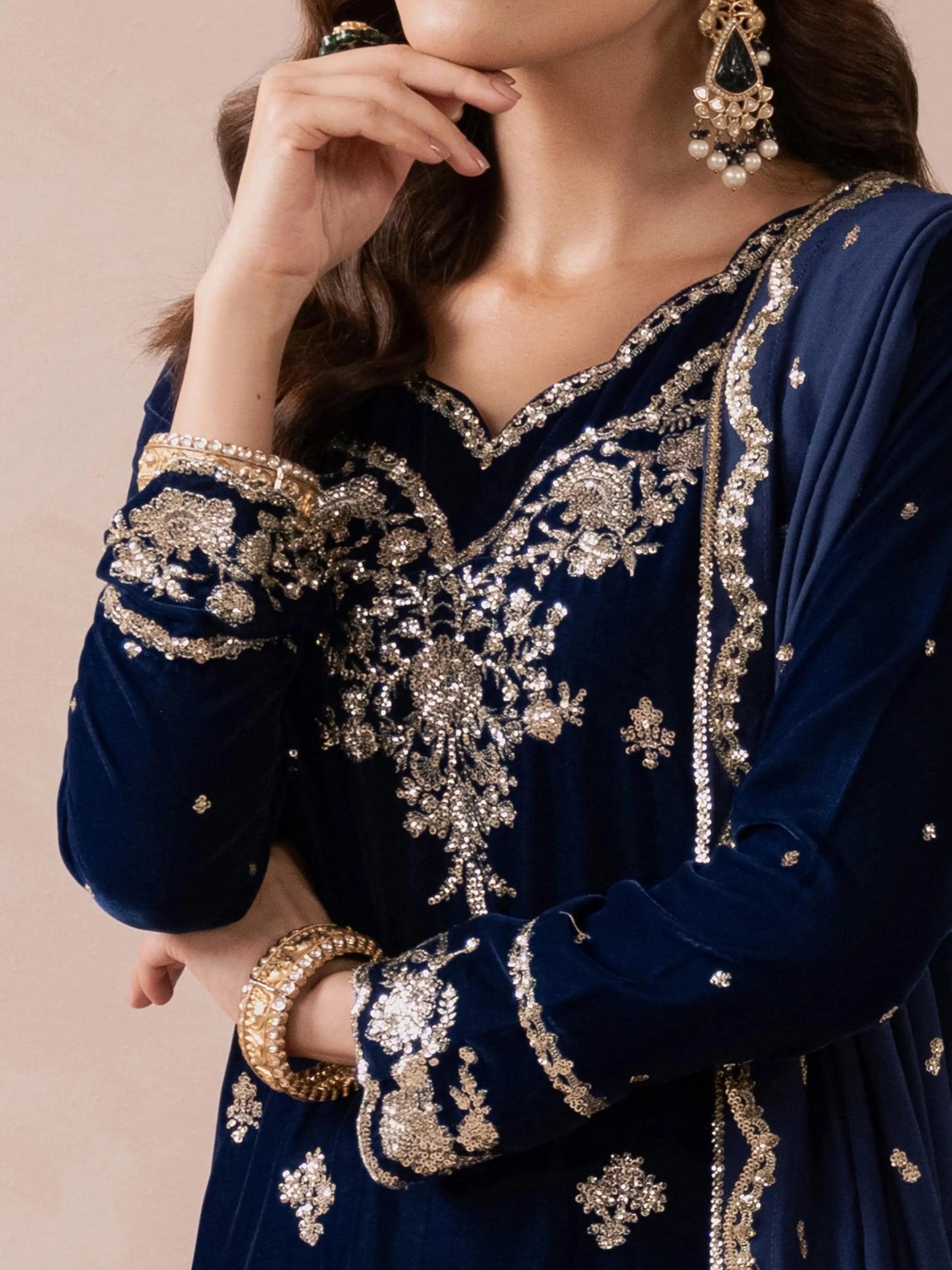 navy blue velvet dress pakistani Navy Blue Embroidered Velvet Pakistani Dresses 3PCS Navy Blue Velvet Dress   ALRUBAB COLLECTION