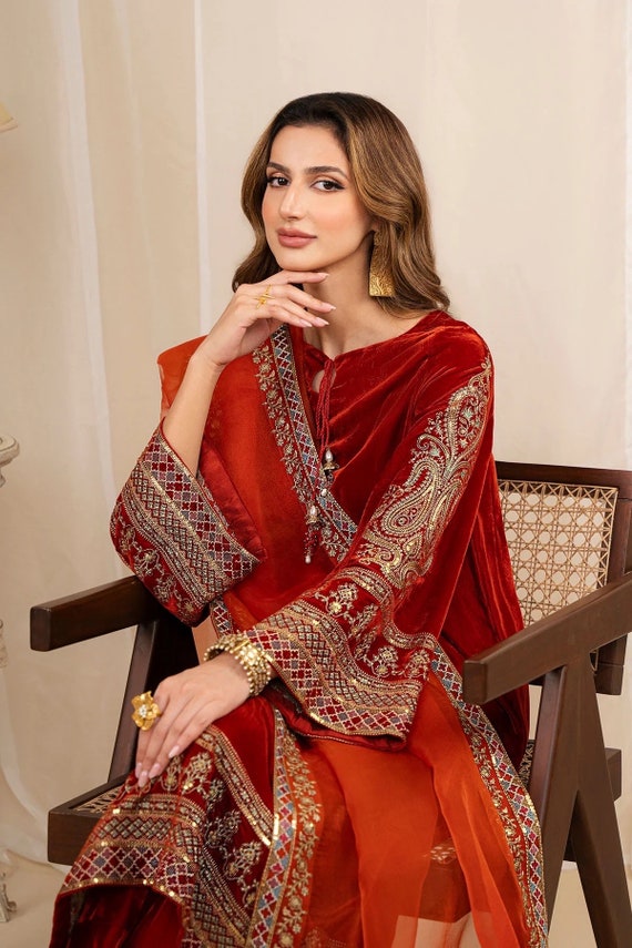 burnt orange pakistani dresses 3pc Velvet Burnt Orange Indian Pakistani Bangladeshi Desi Designer Shalwar  Kameez Suit