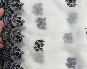 White and black fully embroidered pure Chiffon dupatta