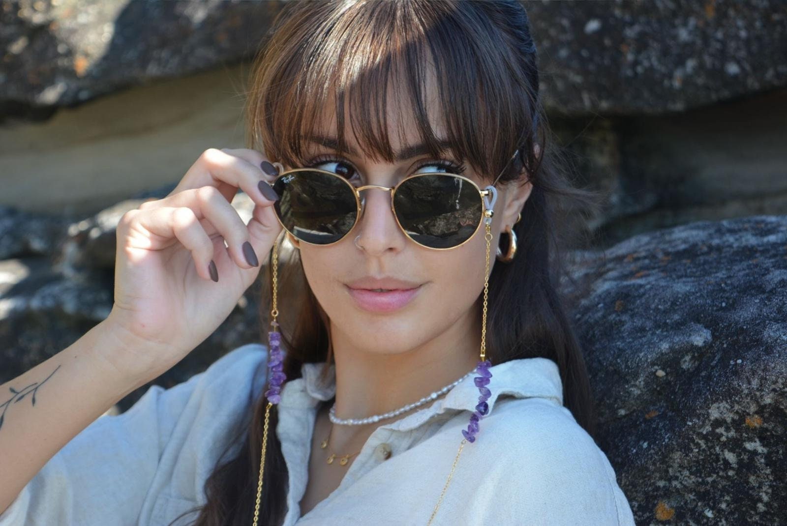 Golden Sunglasses Chain With Natural Amethyst Stones Gold 