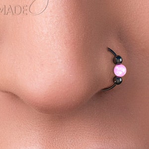 Black Nose Ring Pink Opal 20 Gauge 925 Silver Black Nose Hoop, 8mm Inner Diameter Nose Piercing Hoop