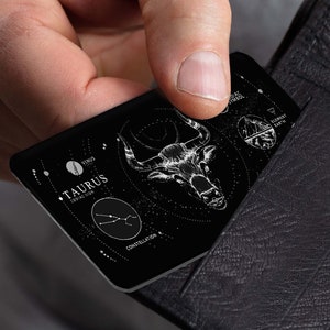 Taurus Zodiac Sign Wallet Card - Símbolo astrológico Planeta Venus Element Earth - Pequeña tarjeta de billetera negra