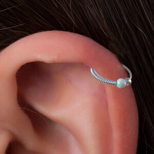 White Opal Cartilage Earring  - Thin 20g 8mm Helix wrapped piercing ring