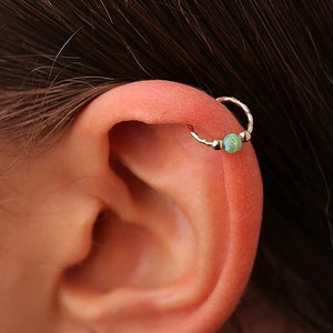 Gold Cartilage Helix Piercing Hoop – 14K Gold Filled Cartilage Piercing Ring For Woman  20G 8mm Ring 3mm Green Opal