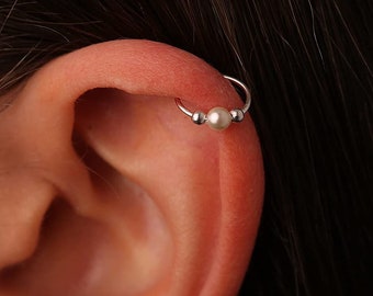 White Pearl Helix Jewelry - 20G Silver Cartilage Ring hoop, Sterling Silver Helix Piercing, Helix Ring Hoop With White Pearl