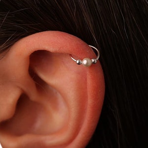 White Pearl Helix Jewelry - 20G Silver Cartilage Ring hoop, Sterling Silver Helix Piercing, Helix Ring Hoop With White Pearl