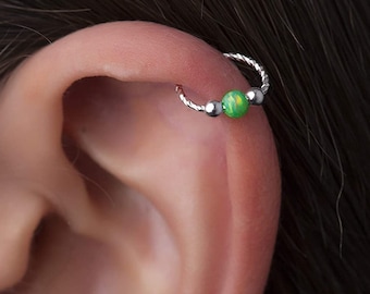 Lime Green Opal Silver Cartilahe Helix Piercing Hoop - 20 gauge 925 silver helix Green Opal ring - Opal Cartilage Earring Hoop