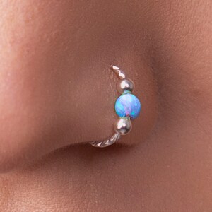 Blue Opal Silver Nose Piercing - 925 silver Nose ring - 20G 7mm Hoop With 3mm Blue Opal