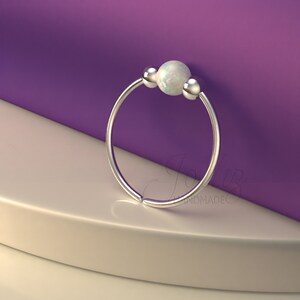 Silver White Opal Helix Ring Hoop- 20 gauge cartilage piercing, Sterling Silver helix ring, 925 Silver Helix