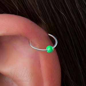 Sterling Silver Cartilage Earring Hoop – 925 Silver Helix Piercing For Woman – 20G 8mm Ring With 3mm Green Opal - cute birthday gift
